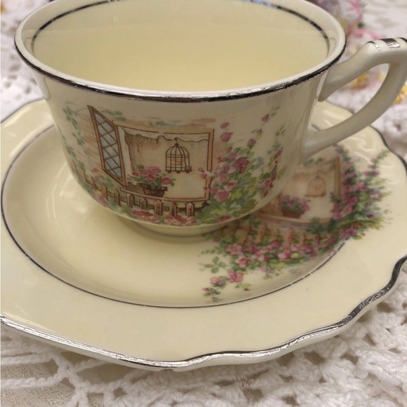 1930s W.S. George Teacup and Saucer Set LIDO Canarytone Silver Edge Trim - Picture 2 of 14